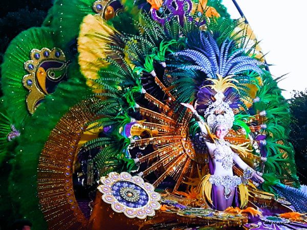 The Carnival Queen in an elaborate costume, radiating elegance as the centerpiece of the celebration, a living work of art.